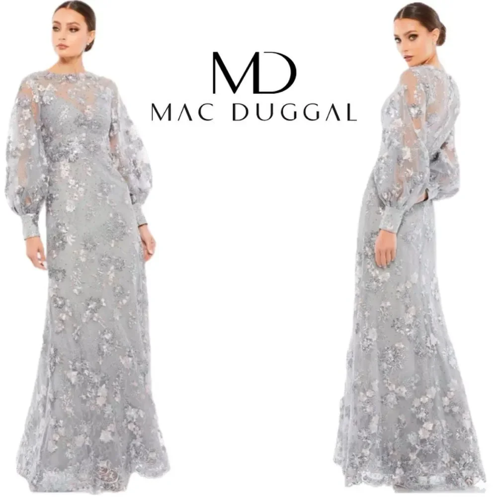 Mac Duggal 67936 Platinum Embroidered Flower Jewel Illusion Bishop Sleeve Gown 4 - Picture 16 of 16